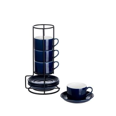 Imagem de Meichu Conjunto de 4 xícaras empilháveis de café expresso de porcelana com pires e suporte de metal, conjunto de 4 xícaras de cappuccino empilháveis, conjunto de copos Blue Expresso Shots para café
