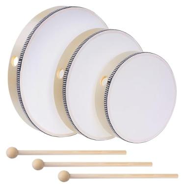 Imagem de Nydotd 3 peças de tambor de mão com moldura de madeira de percussão com bengala de 30 cm, 25 cm, 20 cm, instrumentos de percussão pré-escolar, educação musical profissional, cor de madeira, 30 cm, 25