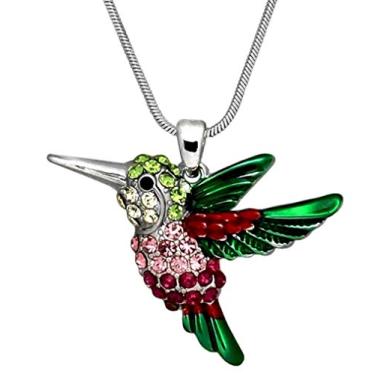 Imagem de DianaL Boutique Colar com pingente de beija-flor de pássaro crysral colorido multicolorido em tom prateado corrente de 53 cm