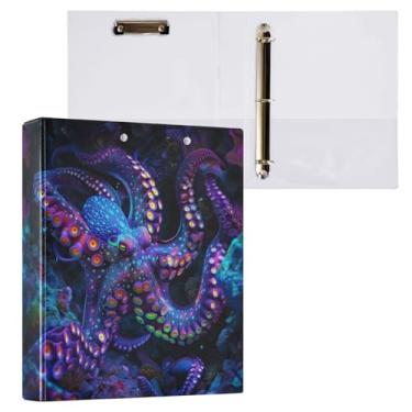 Imagem de Fichário de 3 anéis de polvo colorido neon vibrante, fichário decorativo de 3,8 cm com prancheta e 3 bolsos transparentes, comporta 200 folhas de papel tamanho A4 fichários à prova d'água para escola,