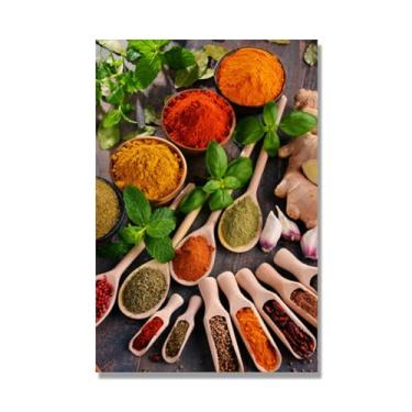 Imagem de Arte de parede colorida em tela para especiarias e colher de tempero | Decoração de cozinha vintage | Arte moderna para casa e sala de jantar (especiarias mistas 40). 50 x 75 cm - 19,7 x 29,6 pol. Sem