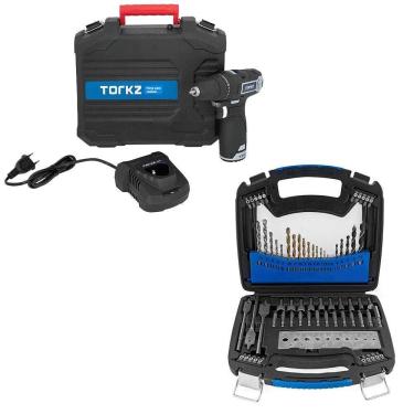 Imagem de Furadeira Parafusadeira Profissional TRB0013 12V e Jogo de Bits e Brocas Torkz TRK0007, 128 Peças