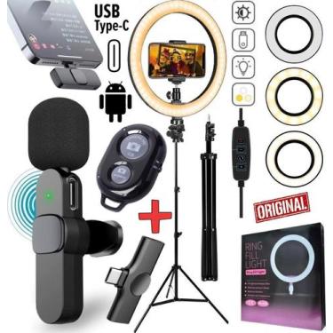 Imagem de Kit Gravação Profissional Tripé Microfone Sem Fio Celular Usb Tipo C A