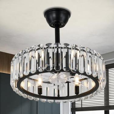 Imagem de FRIXCHUR Ventilador De Teto Com Gaiola Cristal E Luz, Preto, Controle Remoto, Lustre, Luzes Para Sala Jantar, Quarto, Estar, 20,7", E12 X 6 (Lâmpadas Não Incluídas)