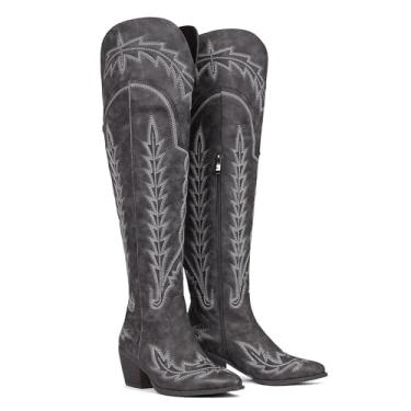 Imagem de Botas de caubói femininas até a coxa, cano largo, botas de cowgirl, bordadas, cano alto, bico fino, salto grosso, zíper lateral, acima do joelho, bota feminina, Preto, 37