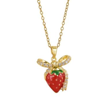 Imagem de Dtja Colar feminino com pingente de strass, morango, fruta, banhado a ouro 18 K, moderno, cristal, laço de cristal, vermelho, verde, esmaltado, frutas, corrente ajustável, fofo, para Halloween, outono