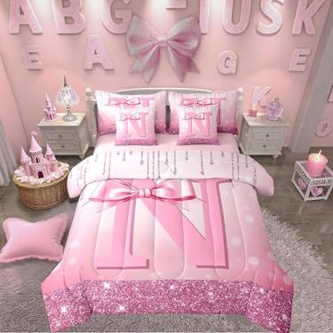 Imagem de Erosebridal Conjunto de cama casal de 7 peças com laço rosa feminino inicial N em uma bolsa, conjunto de edredom com laço de glitter coquete com lençóis, letra do alfabeto, para meninas adolescentes