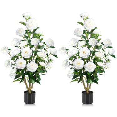 Imagem de Hecaty Camélia artificial de 1 m, pacote com 2 plantas falsas com 24 flores brancas desabrochando e 174 folhas em vaso de cimento, vegetação falsa para casa, varanda, área externa, sala de estar