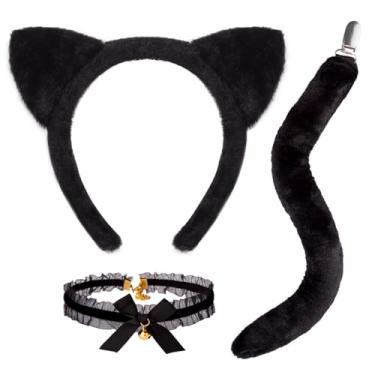 Imagem de JIALWEN Cat Ears Headband 3 Piece Set with Tail and Bell Collar Furry Black Cat Ears Headband for Halloween Cosplay Dress Up