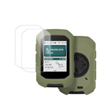 Imagem de Capa para computador Garmin Edge MTB GPS Bike - Capa de silicone com 2 películas de vidro temperado, antiarranhões, à prova de choque e transparente, cobertura total de alta definição (verde militar)