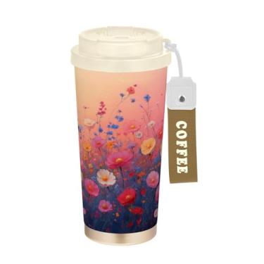 Imagem de Blueangle Caneca de café isolada para viagem com pintura de margaridas - copo de aço inoxidável à prova de vazamento e derramamento para acampamento e ar livre, garrafa de água reutilizável de 500 ml