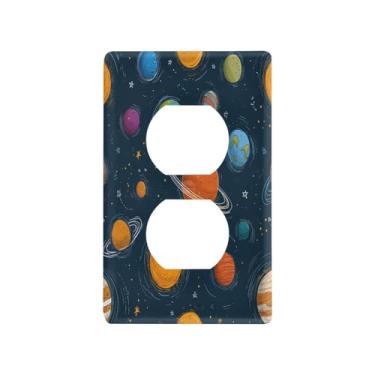 Imagem de Blueangle Placa de parede com desenho animado sistema solar planetas duplex, tamanho padrão, placas de cobertura de tomada elétrica de 1 gangue para decoração de quarto de escritório em casa, 4,53 x