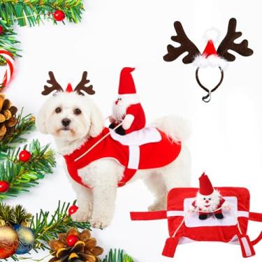 Imagem de 2 peças de fantasia de natal para cães de estimação fantasia de Papai Noel para equitação e chifre de rena de cachorro faixa para cabeça de alce acessórios de cabeça engraçado para animais de estimação Papai Noel para vestido de Natal Halloween (GG)