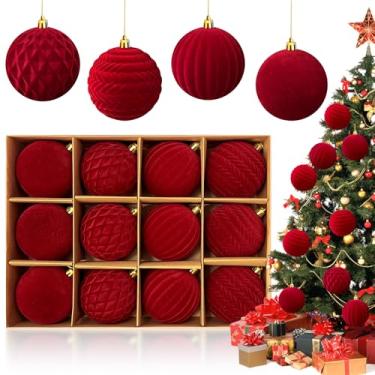 Imagem de Bolas de enfeite de Natal grandes de veludo para decoração de árvore de Natal, conjunto de 8 cm de bolas de plástico vermelhas profundas para pendurar, ornamentos de Natal vermelhos escuros à prova de