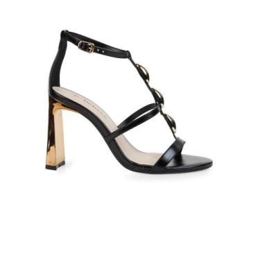 Imagem de Sandália de Salto Bebecê com Corrente e Tiras Douradas, Preto, 38