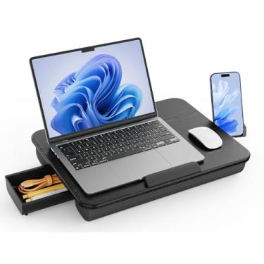 Imagem de SAIJI Mesa de colo para laptop com armazenamento de gaveta, suporte de telefone, cabe laptops de até 15,6 polegadas