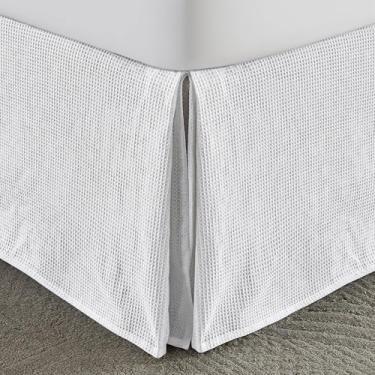 Imagem de MIYE Saia para cama de tecido waffle de algodão premium, 35,5 cm com cantos divididos, ajuste fácil, lavável na máquina (branca, total - altura de 35,5 cm)
