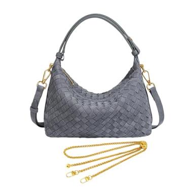 Imagem de Bolsa de ombro de camurça tecida com 2 alças de estilo, bolsas femininas de tecido de couro vegano, alça superior ajustável, Camurça cinza, free, Bolsa leve de luxo/bolsa com alça superior