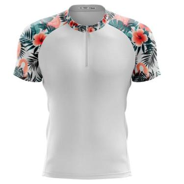 Imagem de Camisa Ciclismo Floral Flamingo Curta Branca Bike Mtb - Decole, Branco