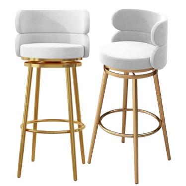 Imagem de Conjunto de 2 bancos de bar estofados, cadeiras giratórias para café da manhã com 65 cm de altura, bancos de cozinha com encosto alto, apoio para os pés de metal preto, branco