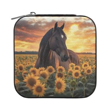 Imagem de Burbuja Caixa de joias de cavalos girassóis mini estojo de joias de viagem para mulheres e meninas, estojo organizador de joias para brincos, anéis, colares e pulseiras