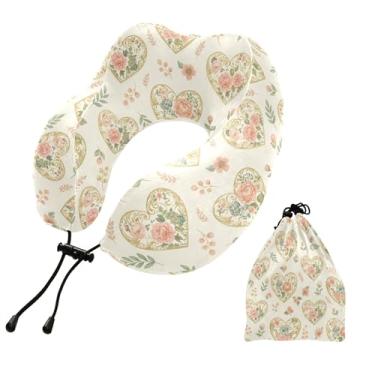 Imagem de Burbuja Almofada de pescoço com flores de coração para viagens, almofada de viagem de espuma viscoelástica para dormir, suporte de cabeça de avião e carro, lavável na máquina e portátil
