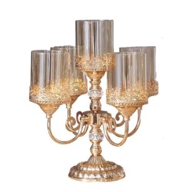 Imagem de Castiçal de luxo de metal de vidro castiçal de cinco cabeças vintage sala de estar mesa de jantar decoração suporte de vela ornamento suporte à luz de velas