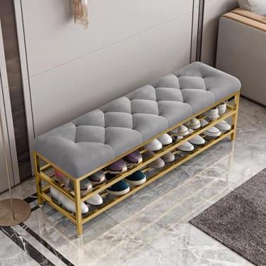 Imagem de Banco organizador de sapatos com almofada, sapateira de entrada estofada, otomano de armazenamento de moldura de metal para sala de estar, corredor, mudroom, entrada - cinza, 80 cm