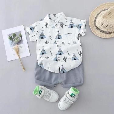 Imagem de Conjunto Infantil de Shorts e Camisa de Algodão - Padrão Triângulo - V