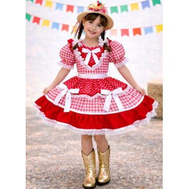 Imagem de Vestido Infantil Junino Vermelho Xadrez C/ Babados Luxo - Mali Modinha