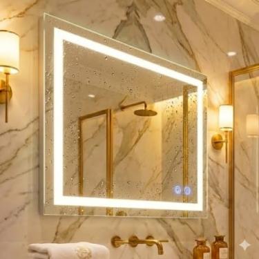 Imagem de Espelho 4mm Led na cor frio neutro e quente com desembaçador banheiro Parede retangulo Decorativo 70x50 cm jateado inteligente anti embaçamento lapidado iluminado retangular leds