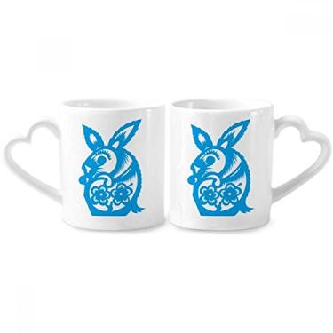 Imagem de Ano de Coelhos Animal China Zodíaco Casal Conjunto de canecas de Porcelana Copo Amante de Cerâmica Punho de Coração
