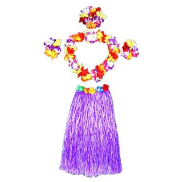 Imagem de Saia de grama para dançarino havaiano adulto elástico com conjunto de fantasia de flor, Roxa