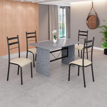 Imagem de Conjunto Sala de Jantar Mesa Retangular 120x75cm Tampo Granito Ocre 4 Cadeiras Marselha Creme / Preto Fosco