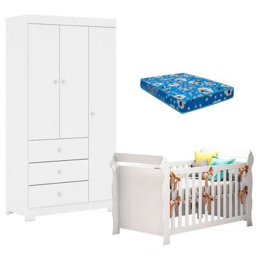 Imagem de Berço Americano Lara e Guarda Roupa Duda 3 Portas Branco Brilho com Colchão Ortobom – Phoenix Baby
