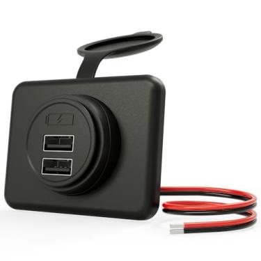 Imagem de DAMAVO YM1236 tomada de carregador de carro com duas portas USB com tampa, carregador rápido de carro de 12 V a 24 V, para carros, ônibus, RV, barco, carrinho de golfe automotivo para caminhões de golfe (instalação de superfície)
