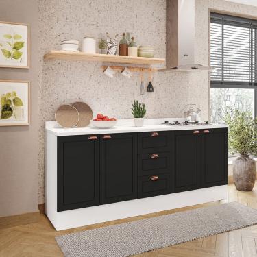 Imagem de Cozinha Pérola com Rodapé e Tampo 2 Peças Balcão 2 Gavetas 3 Portas e Balcão 2 Portas Yescasa Branco/Preto