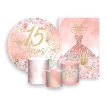Imagem de Kit 2 Painéis De Festa + Trio De Capas Cilindro - 15 Anos Flores E Bor