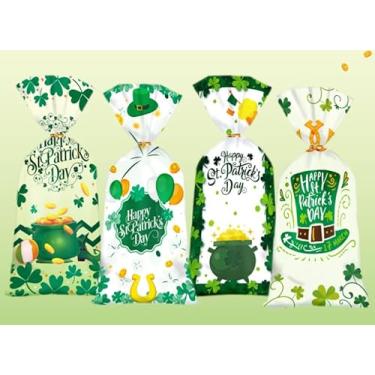 Imagem de Sacolas de doces do Dia de São Patrício, verde, trevo da sorte, lembrancinhas de festa de São Patrício, sacolas de presente de celofane de plástico para festas irlandesas, trevo, casamento, chá de