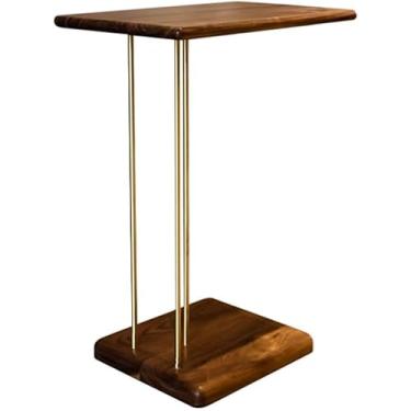 Imagem de Mesa de canto retangular de madeira e metal para sofá em forma de C, cor nogueira, moldura de latão sólido, mesa de café pequena de armazenamento de 2 camadas para sala de estar, quarto
