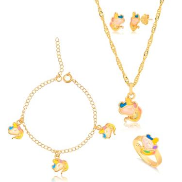 Imagem de Genérico - Conjunto Infantil Unicórnio em Resina com Colar, Pingente, Brinco, Pulseira e Anel Regulável Dourado para Crianças (Feminino)