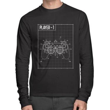 Imagem de Camiseta Algodão Player 1 Controle Joystick Manga Longa - Foca na Moda