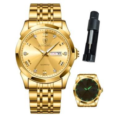 Imagem de BINBOND Relógios masculinos de luxo, diamante, negócios, analógico, quartzo, aço inoxidável, à prova d'água, luminoso, data, dois tons, casual, relógio de pulso, Dourado, relógios masculinos