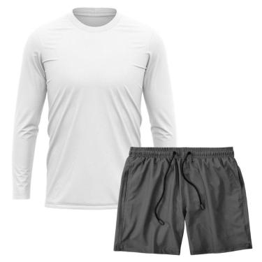 Imagem de Kit Camiseta Manga Longa Dry Branca + Short Tactel Academia Caminhada Gênero:Homem;Tamanho:G;Cor:-Masculino