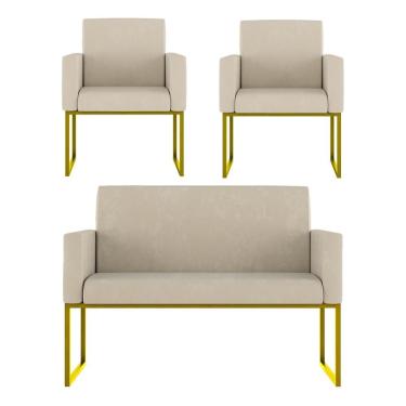 Imagem de Kit Sofá 2 Lugares + 2 Poltronas Recepção Sala Base Dourada Cor:bege Bege