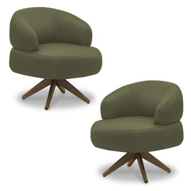 Imagem de Kit 2 Poltronas Decorativas Katy Sala De Estar Base Giratória Em Madeira Couro Fendi G88 - Gran Belo