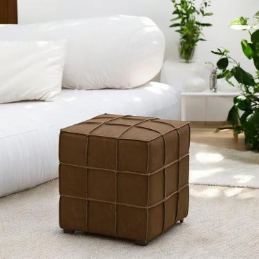 Imagem de Puff Decorativo Augusto 43cm Sala De Estar Couro Marrom Claro Manchado G88 - Gran Belo