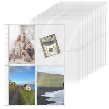 Imagem de XiowDow 20 folhas de plástico para fichário A4, capas para cartões fotográficos, 11 furos, 4 bolsos, porta-cartões, protetores de página de carregamento superior transparente para 3 argolas, cartões
