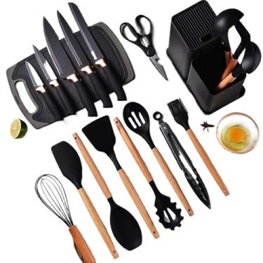 Imagem de Kit Cozinha Premium 19 Peças com Tábua de Silicone - Utensílios Inoxidáveis Antiderrapantes (Facas, Espátula, Tesoura e Organizador Compacto)(Preto)