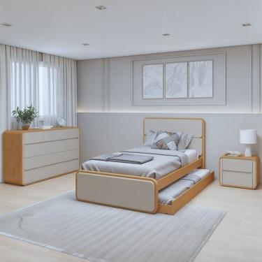 Imagem de Quarto Completo Cama Solteiro Com Cômoda 8 Gavetas E Mesa De Cabeceira Amêndoa Clean-off White